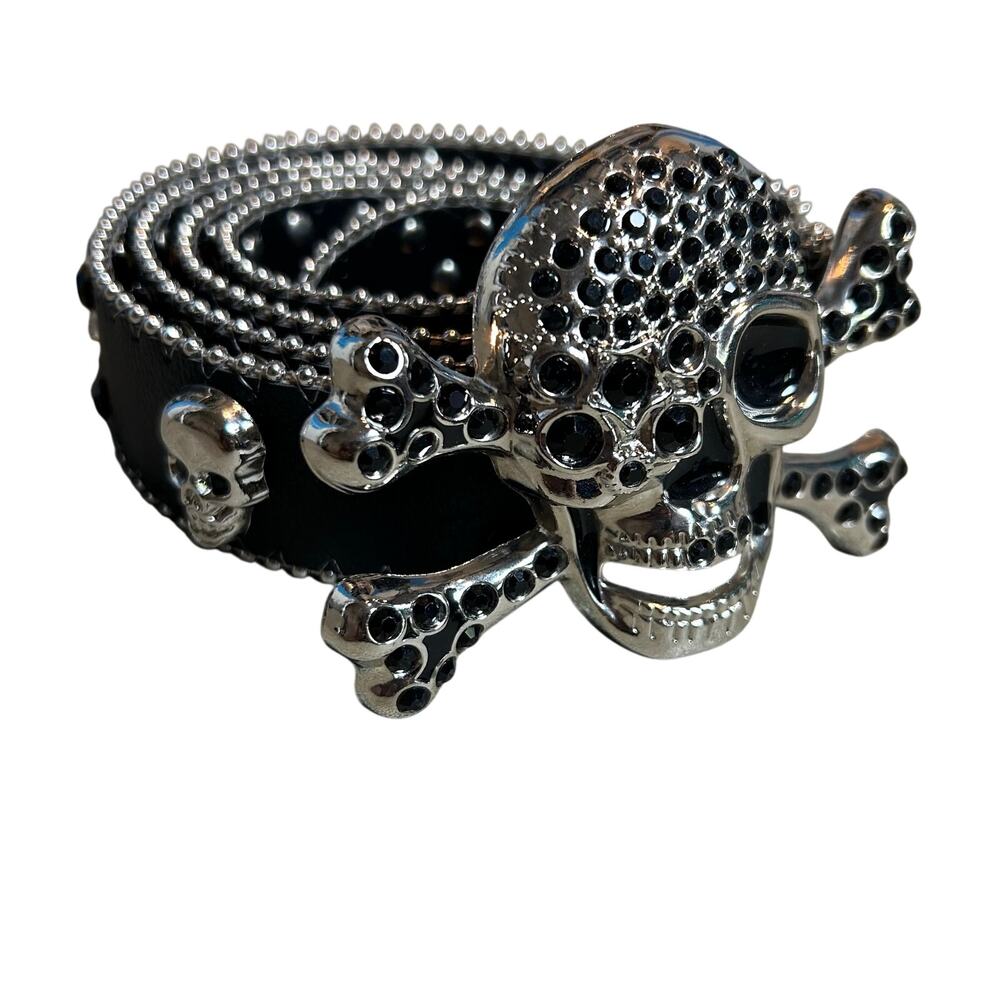 Pirate Belt Silver Rhinestone Skull Black Leather Glam Rock Goth Y2K Punk Grunge